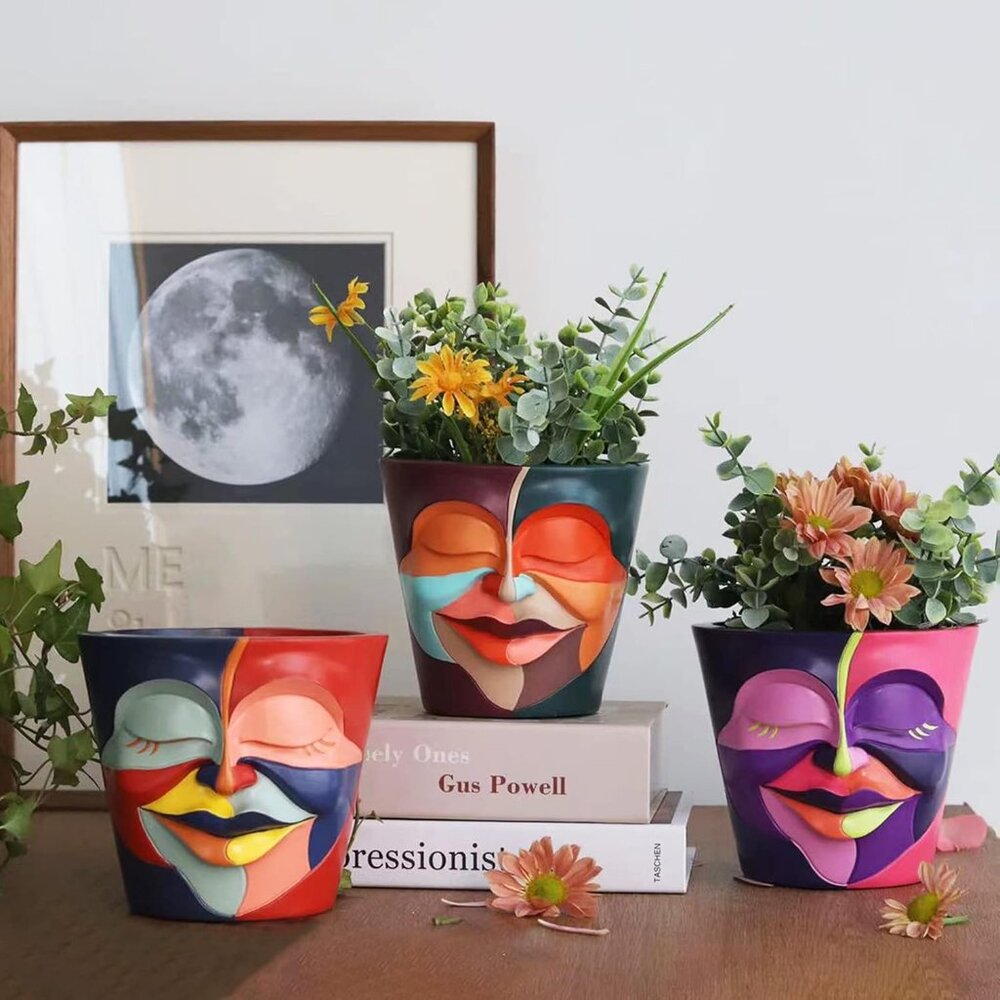 Abstract Rainbow Head Planter, Unique Face Plant Pot with Drainage, Cute Eclecti - Picture 6 of 6
